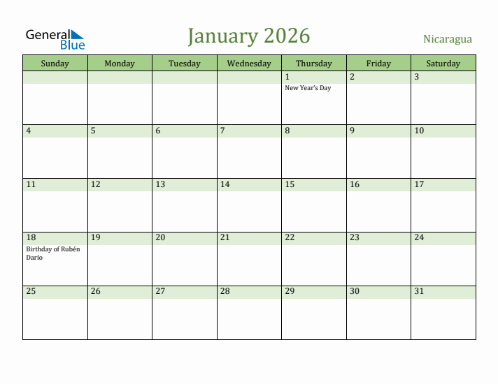 January 2026 Calendar with Nicaragua Holidays