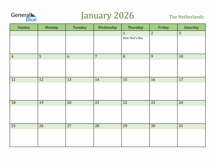 January 2026 Calendar with The Netherlands Holidays