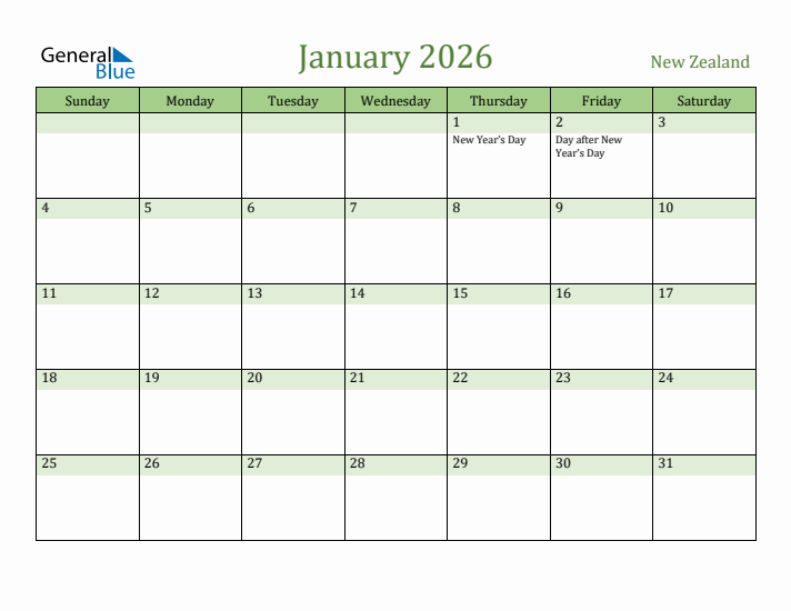 January 2026 Calendar with New Zealand Holidays