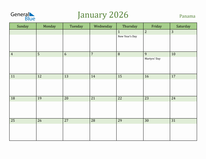 January 2026 Calendar with Panama Holidays