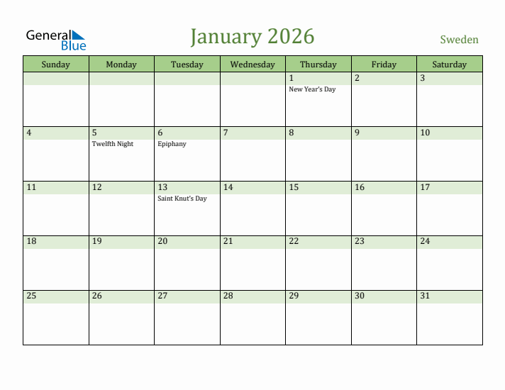 January 2026 Calendar with Sweden Holidays