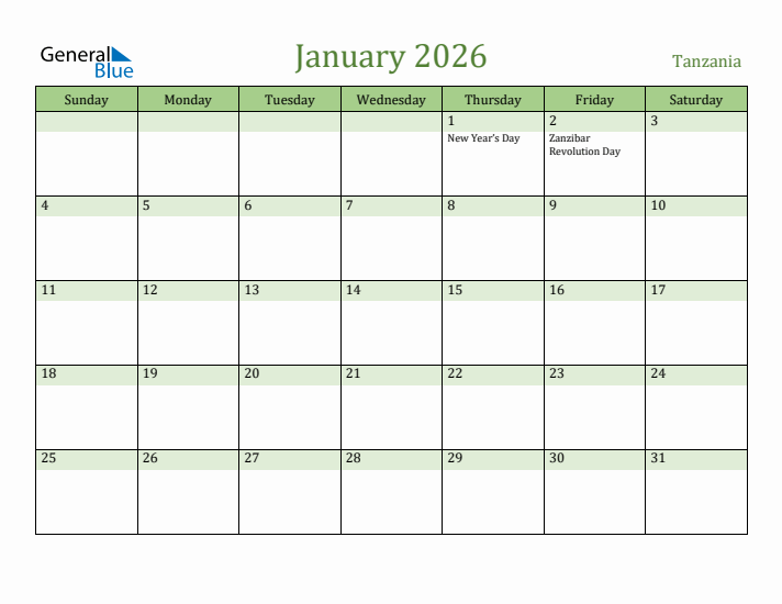 January 2026 Calendar with Tanzania Holidays