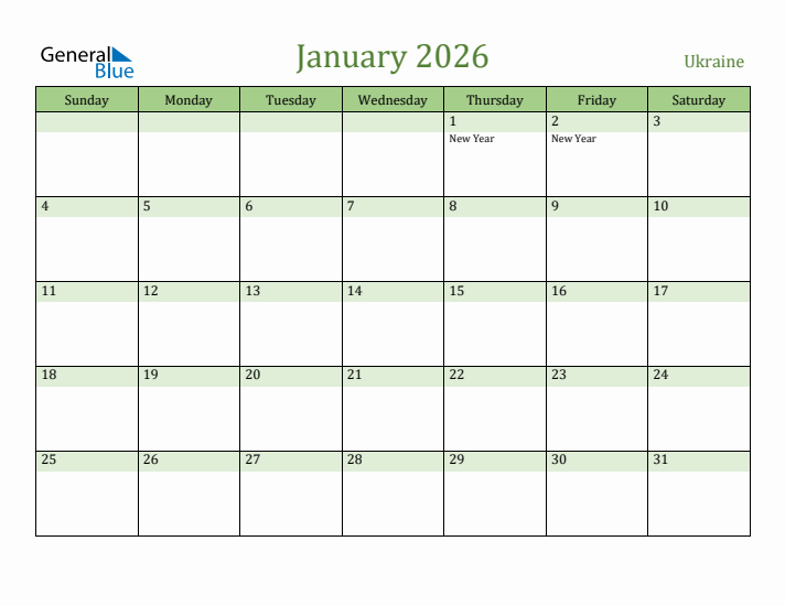 January 2026 Calendar with Ukraine Holidays