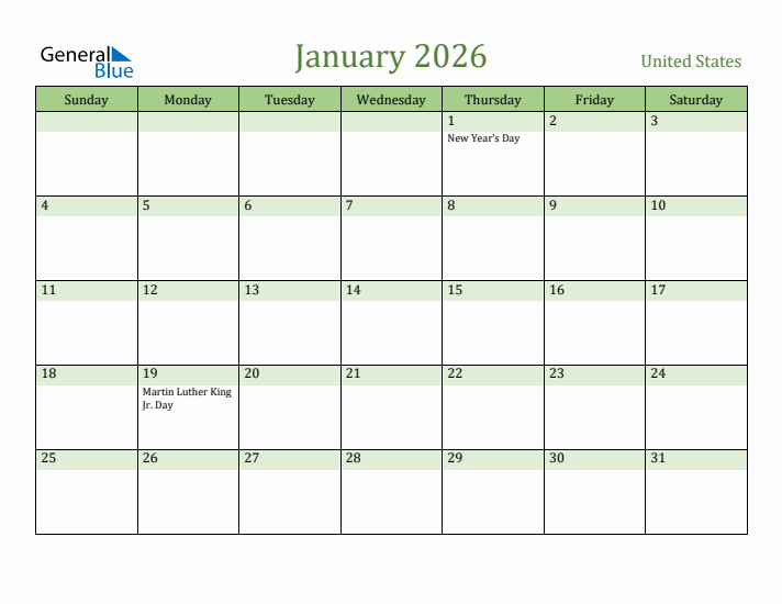 January 2026 Calendar with United States Holidays