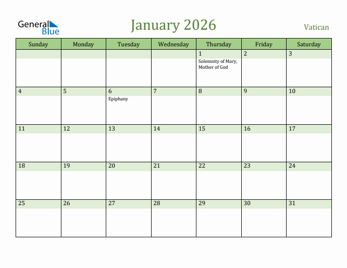 January 2026 Calendar with Vatican Holidays