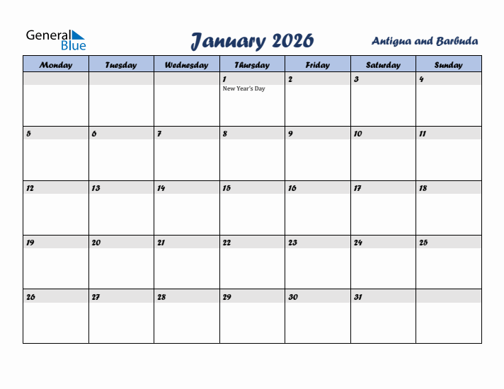 January 2026 Calendar with Holidays in Antigua and Barbuda