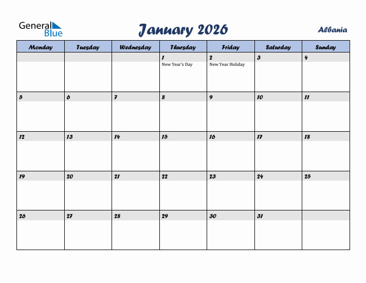 January 2026 Calendar with Holidays in Albania