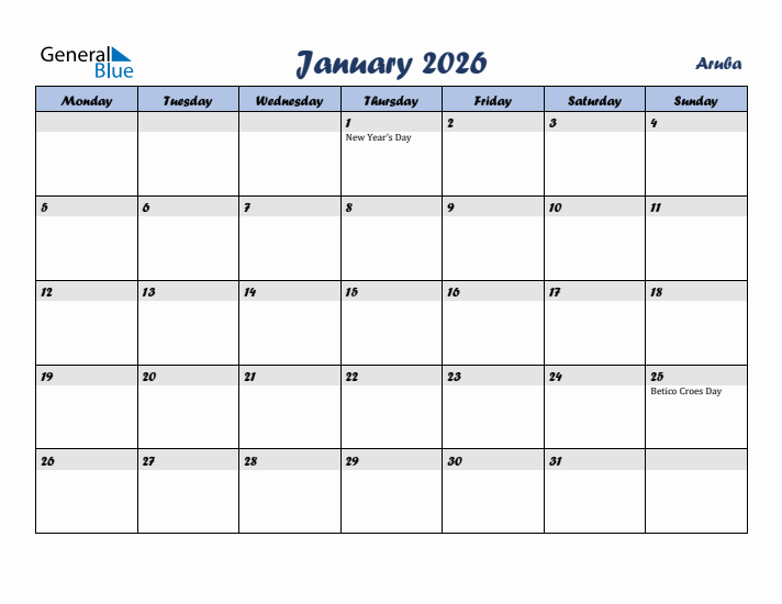 January 2026 Calendar with Holidays in Aruba