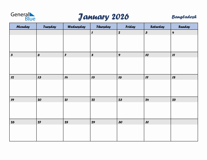 January 2026 Calendar with Holidays in Bangladesh