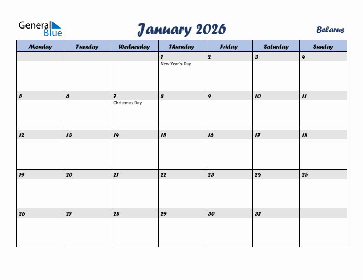 January 2026 Calendar with Holidays in Belarus