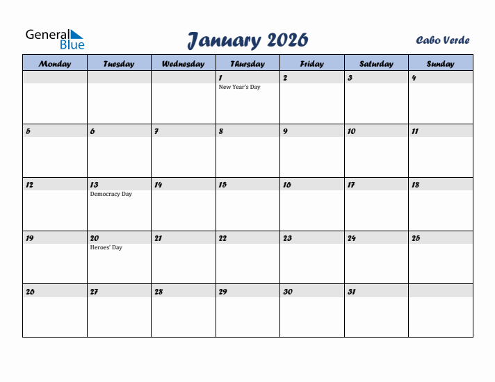 January 2026 Calendar with Holidays in Cabo Verde