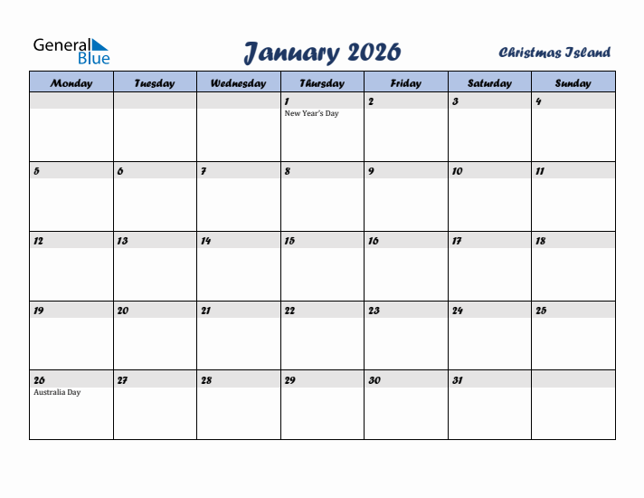 January 2026 Calendar with Holidays in Christmas Island