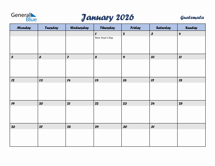 January 2026 Calendar with Holidays in Guatemala