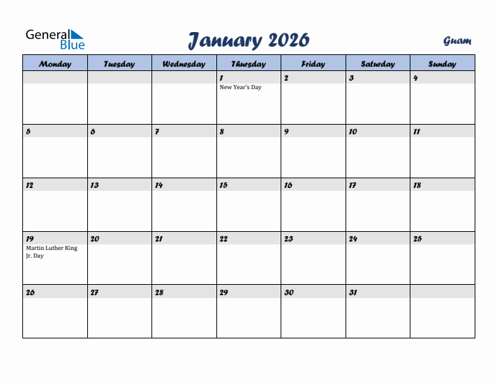 January 2026 Calendar with Holidays in Guam