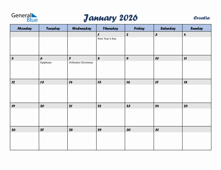 January 2026 Calendar with Holidays in Croatia