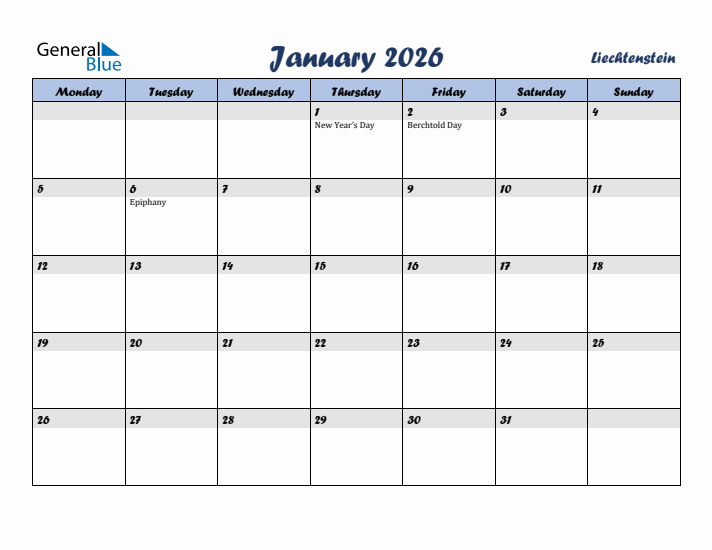 January 2026 Calendar with Holidays in Liechtenstein