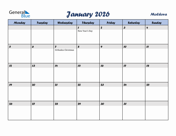 January 2026 Calendar with Holidays in Moldova