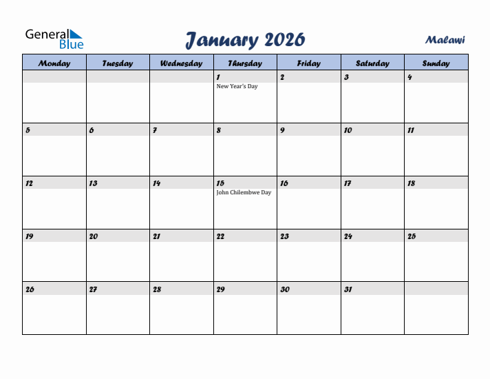 January 2026 Calendar with Holidays in Malawi