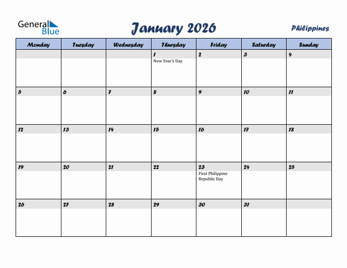 January 2026 Calendar with Holidays in Philippines