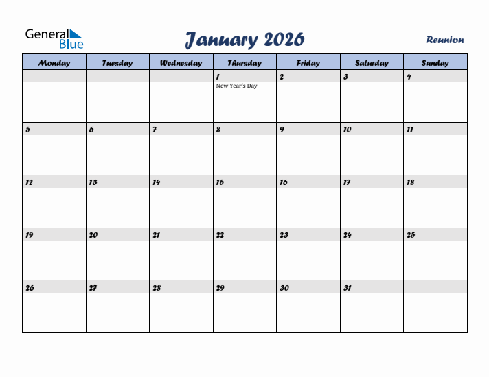 January 2026 Calendar with Holidays in Reunion