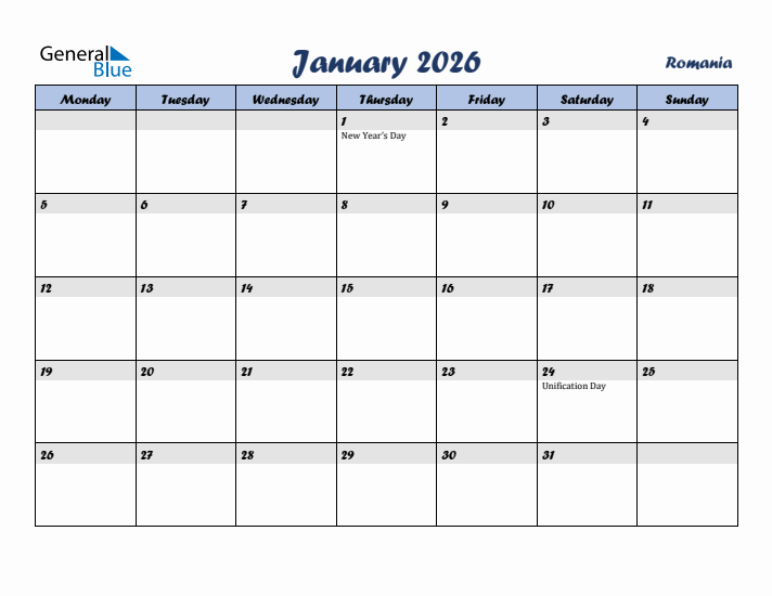 January 2026 Calendar with Holidays in Romania