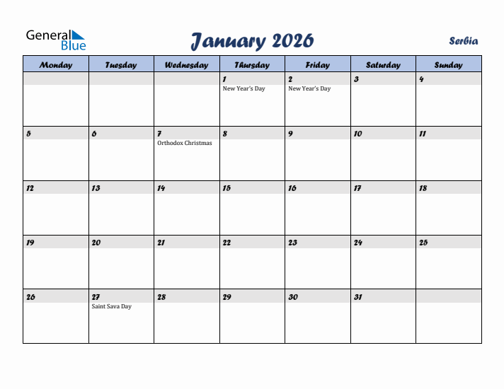 January 2026 Calendar with Holidays in Serbia