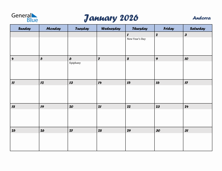 January 2026 Calendar with Holidays in Andorra