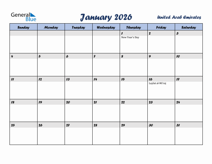 January 2026 Calendar with Holidays in United Arab Emirates