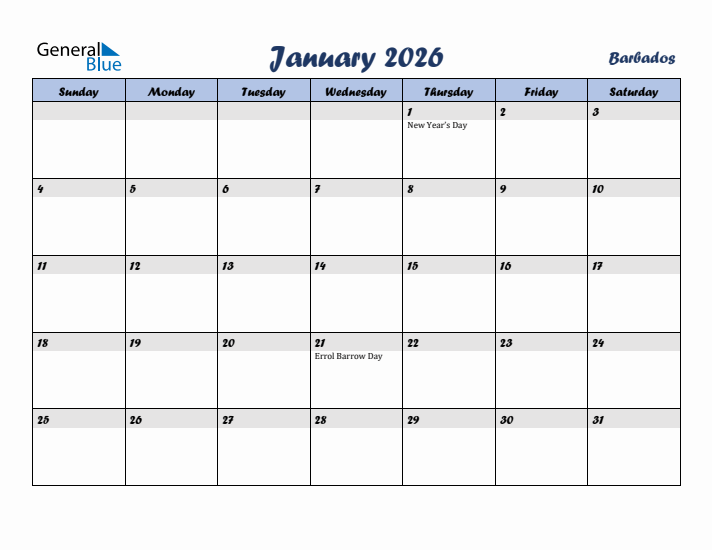 January 2026 Calendar with Holidays in Barbados