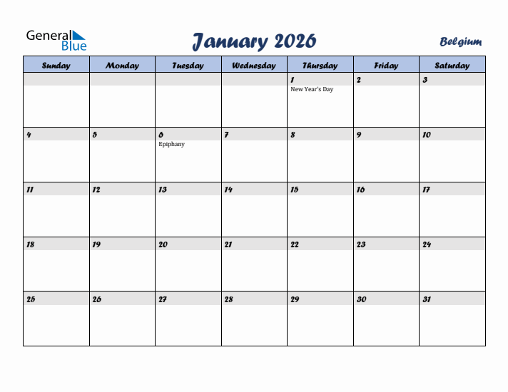 January 2026 Calendar with Holidays in Belgium