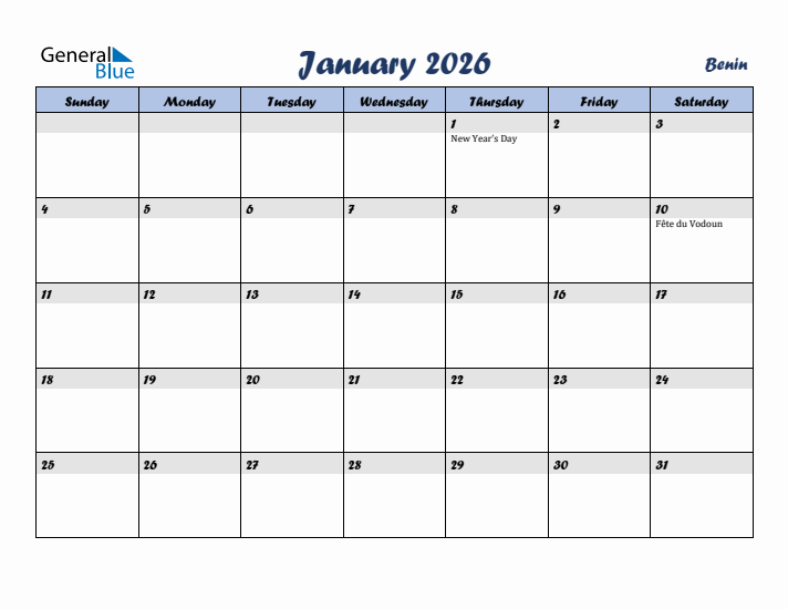 January 2026 Calendar with Holidays in Benin