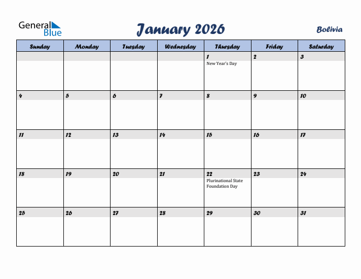 January 2026 Calendar with Holidays in Bolivia