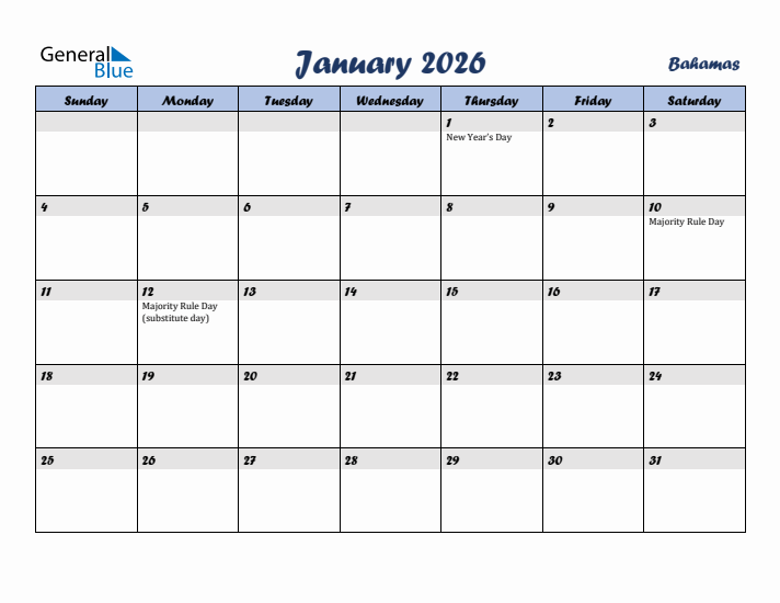 January 2026 Calendar with Holidays in Bahamas