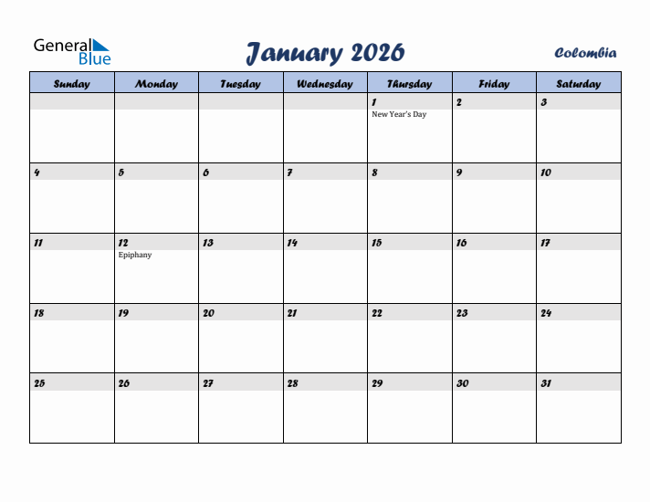 January 2026 Calendar with Holidays in Colombia