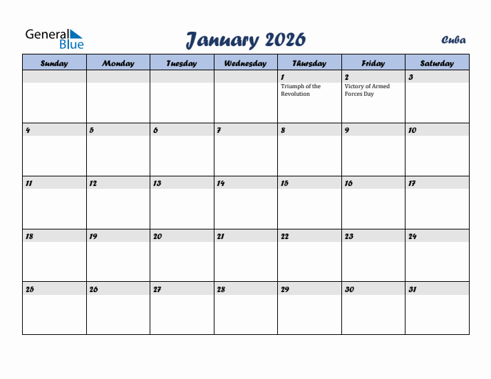 January 2026 Calendar with Holidays in Cuba