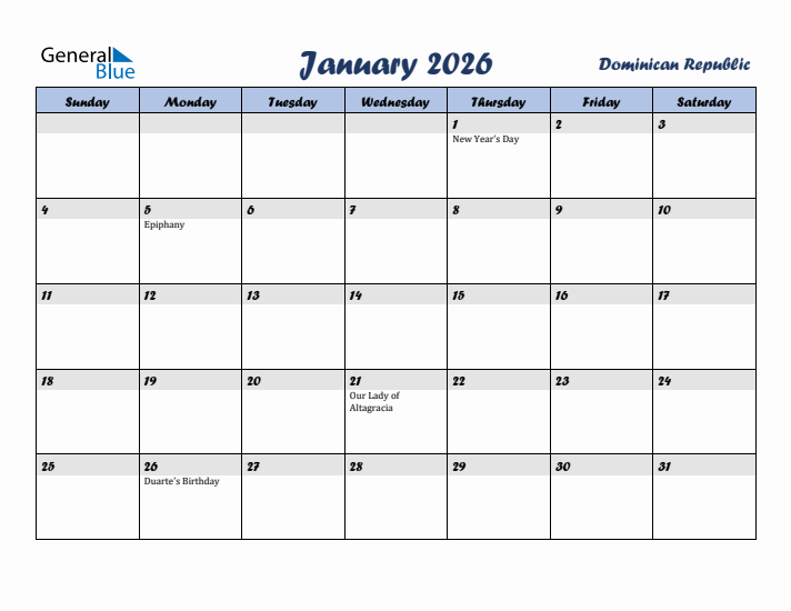 January 2026 Calendar with Holidays in Dominican Republic