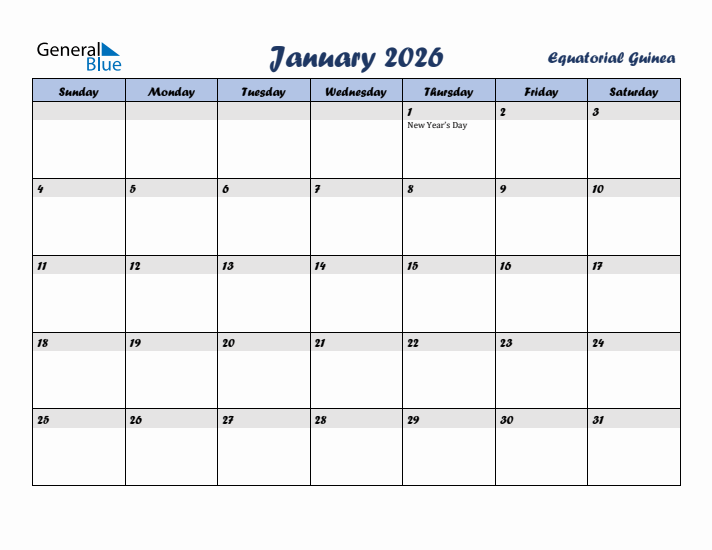 January 2026 Calendar with Holidays in Equatorial Guinea