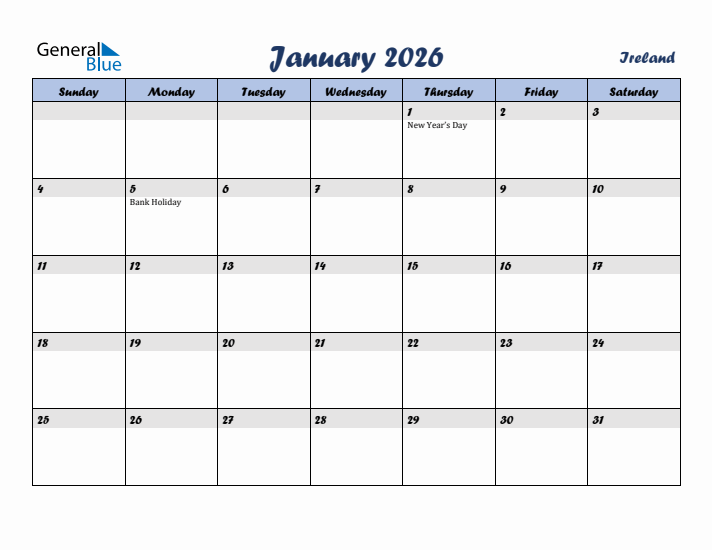 January 2026 Calendar with Holidays in Ireland