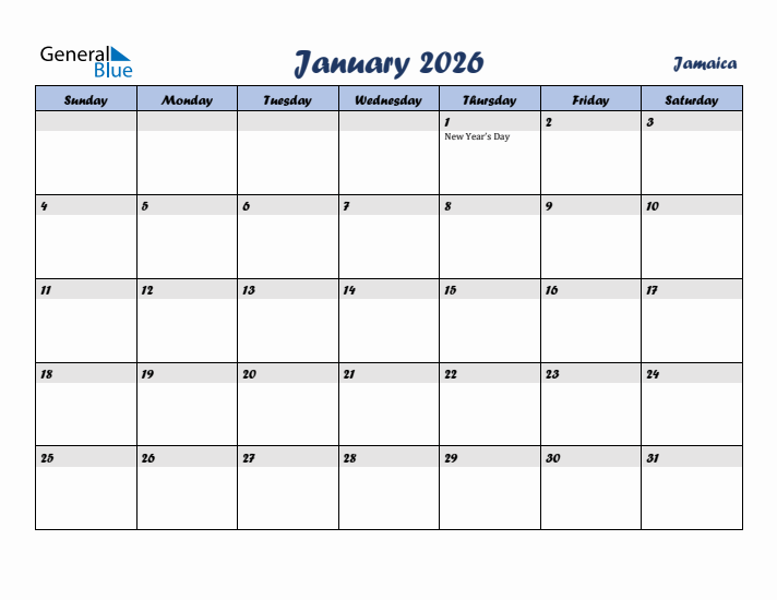 January 2026 Calendar with Holidays in Jamaica