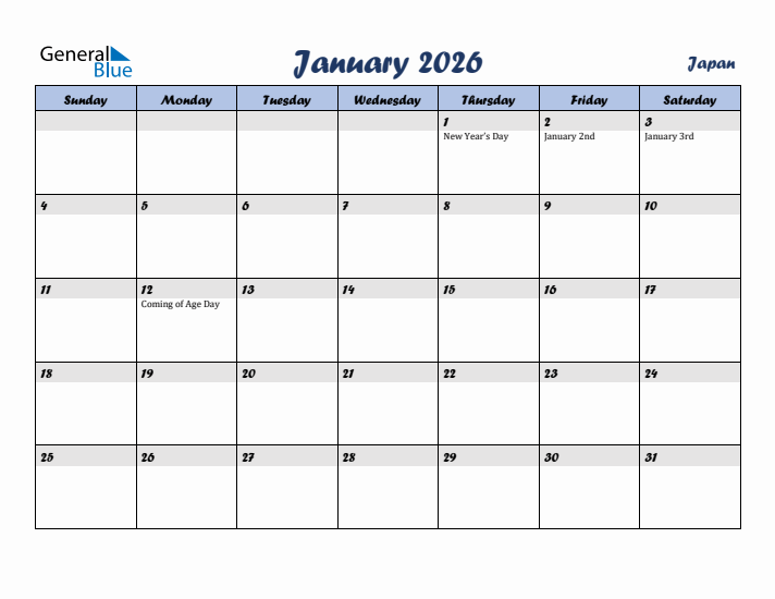 January 2026 Calendar with Holidays in Japan