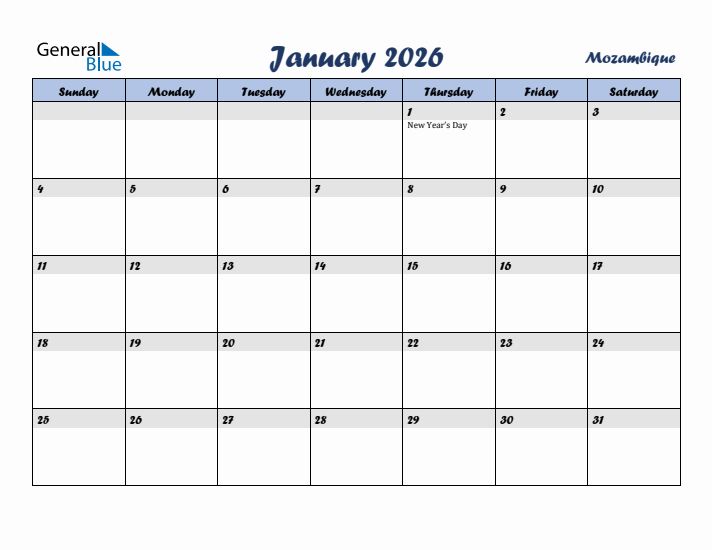 January 2026 Calendar with Holidays in Mozambique