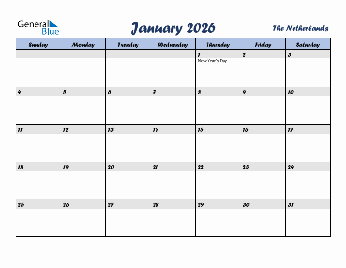 January 2026 Calendar with Holidays in The Netherlands