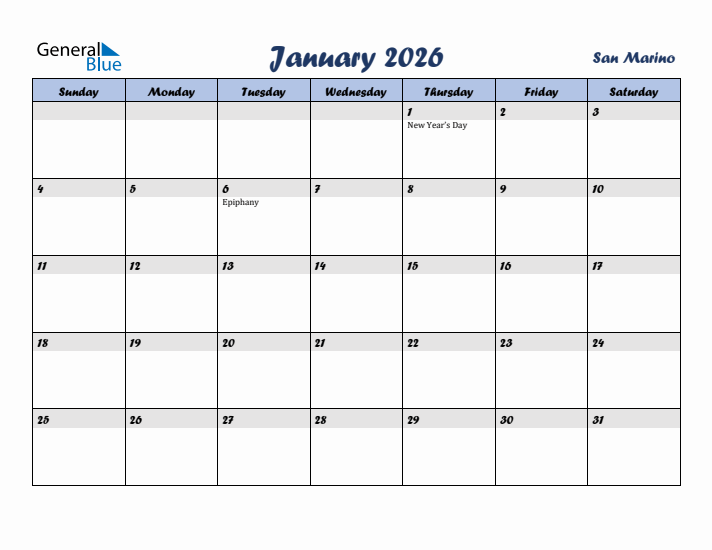 January 2026 Calendar with Holidays in San Marino