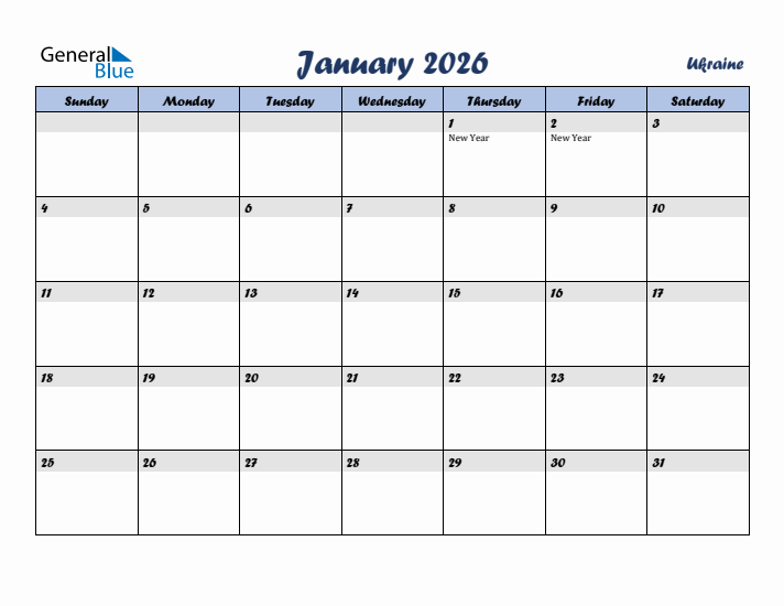 January 2026 Calendar with Holidays in Ukraine