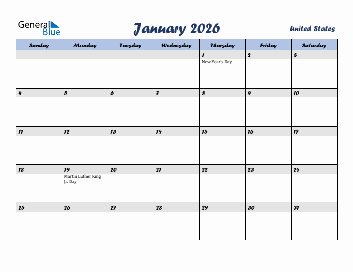 January 2026 Calendar with Holidays in United States