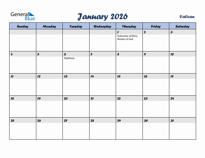 January 2026 Calendar with Holidays in Vatican