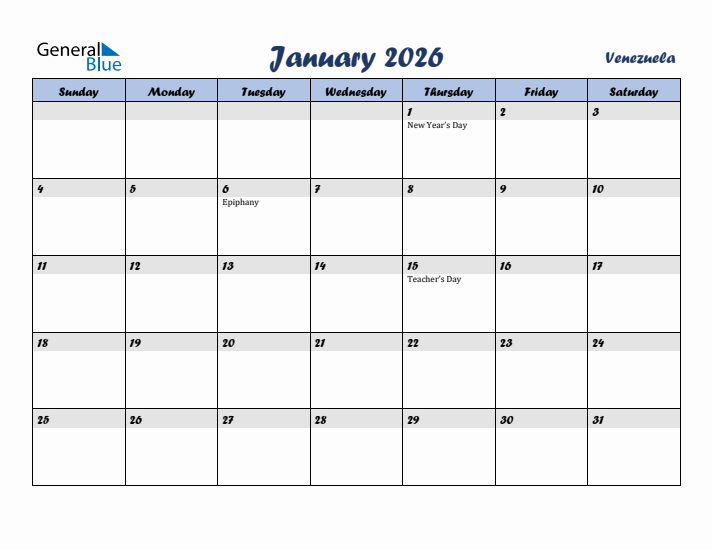 January 2026 Calendar with Holidays in Venezuela