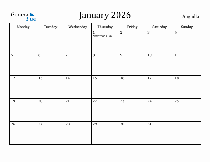 January 2026 Calendar Anguilla