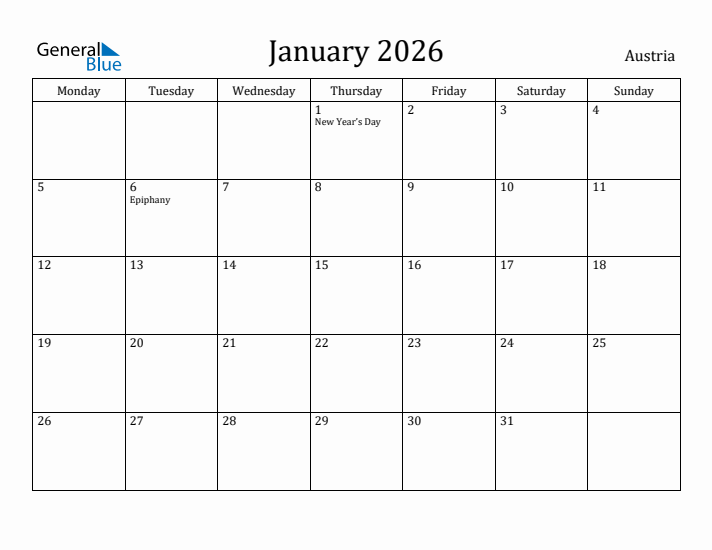 January 2026 Calendar Austria