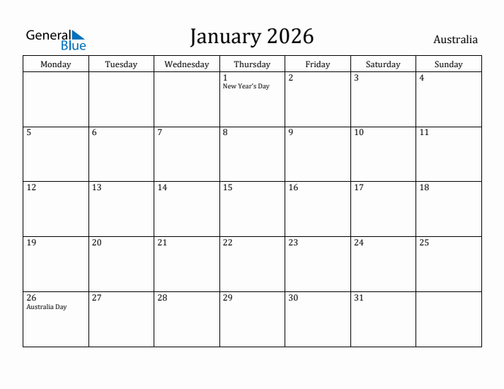 January 2026 Calendar Australia